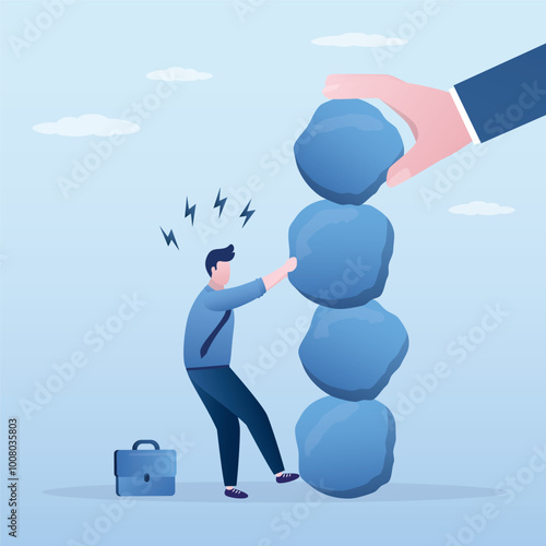 Giant hand stacks pile of stones. Prohibitions, restrictions for business, ban. Male entrepreneur tries to remove stone, overcoming obstacles, complexity of doing business