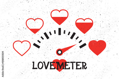 Love meter. Dashboard with arrow to measuring passion level or degree of heart health. Depth of relationships indicator. Valentines day card. Heart rate indicator.