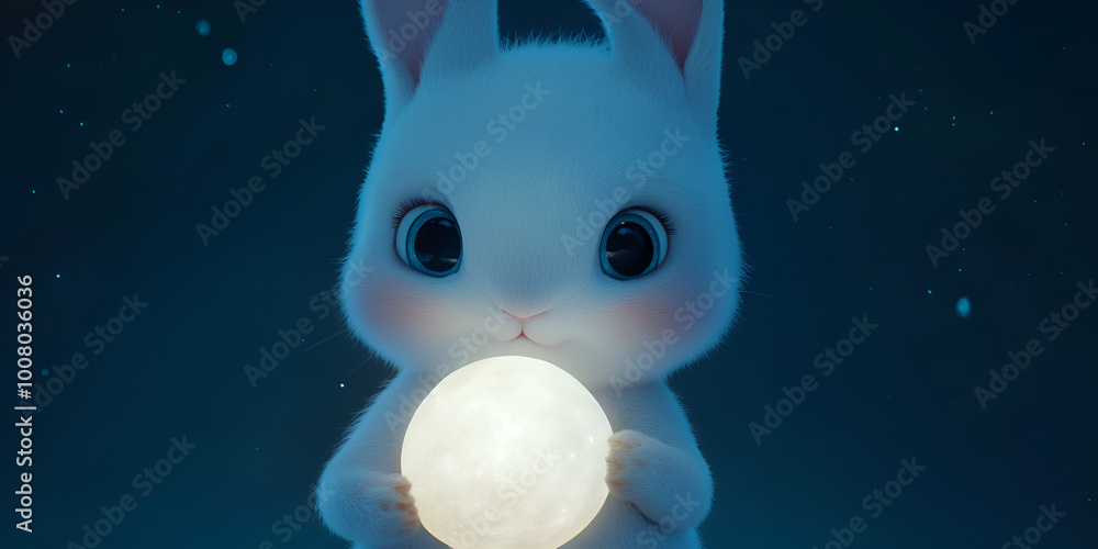 Obraz premium Mystical Rabbit Touching a Glowing Moon at Night