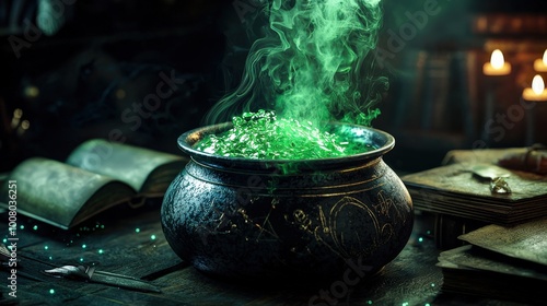 A witch's cauldron bubbling with a vibrant green potion, surrounded by ancient spell books and mystical artifacts, evoking an enchanting magical atmosphere photo