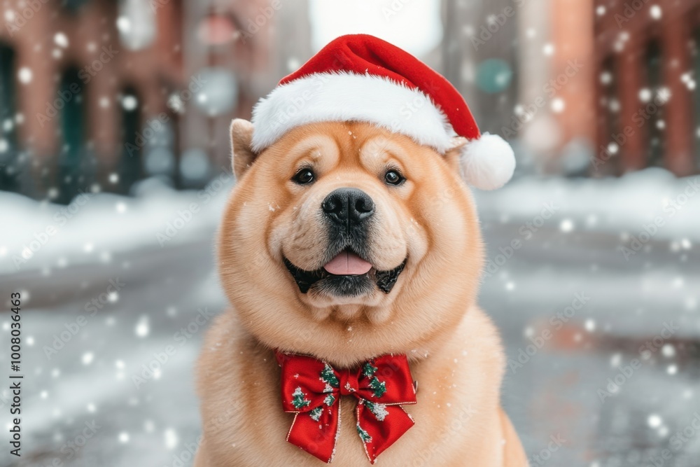A cheerful Chow Chow wearing a Santa hat and bow tie adds a festive touch to a snowy winter scene, perfect for holiday celebrations, dog in christmas costume A cheerful Chow Chow wearing a Santa hat and bow tie adds a festive touch to a snowy winter scene, perfect for holiday celebrations, dog in christmas costume