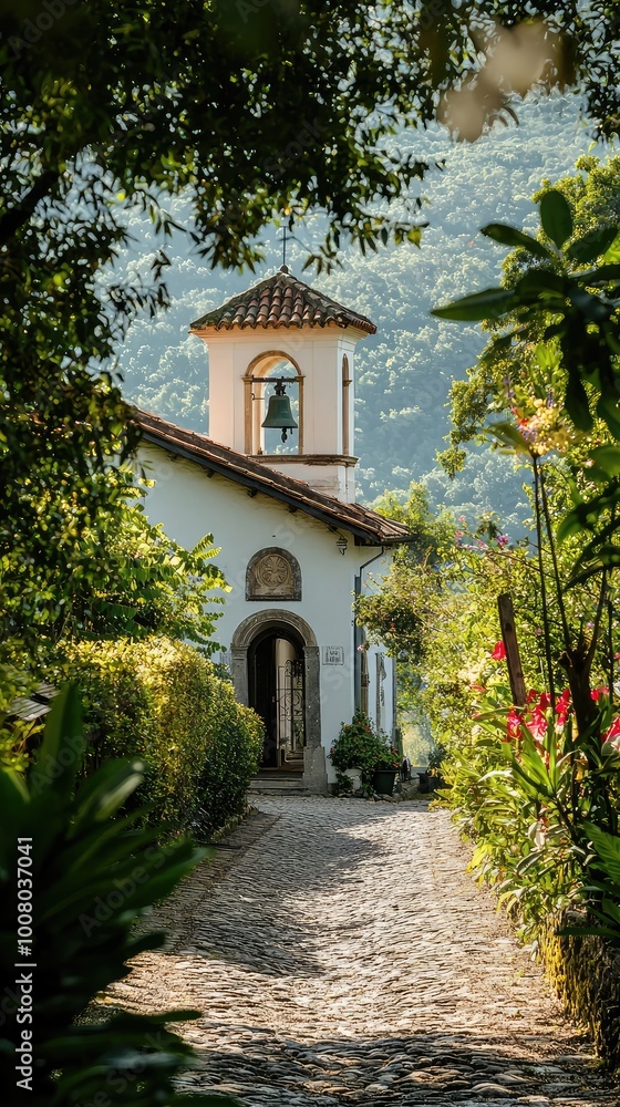 Naklejka premium Charming pathway leading to a beautiful house surrounded by lush greenery and distant mountains, evoking tranquility and elegance.