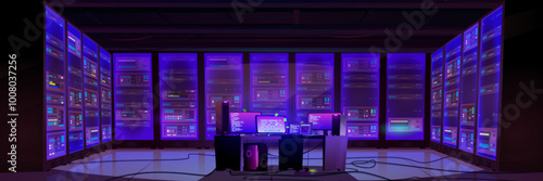 Data center server room interior with neon glow purple digital warehouse racks, computer with monitor on table in center of chamber. Cartoon vector illustration of cloud store or supercomputer concept