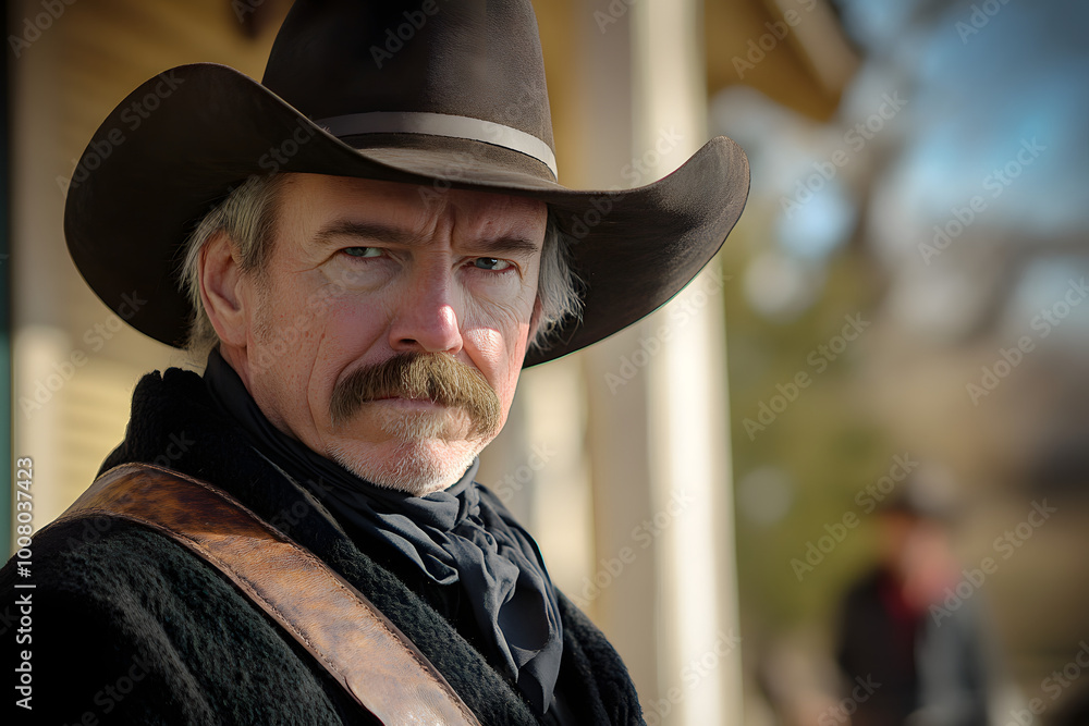 Wild West cowboy portrait in classic hat and leather attire, capturing intense expression and vintage style for historical reenactment, western films, or themed photography projects Wild West cowboy portrait in classic hat and leather attire, capturing intense expression and vintage style for historical reenactment, western films, or themed photography projects