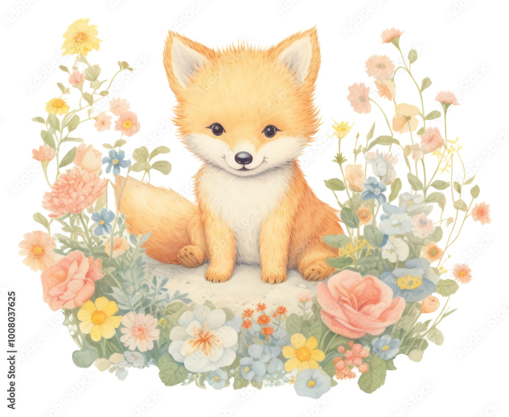 Fototapeta premium PNG Baby fox in flower garden mammal animal cute.