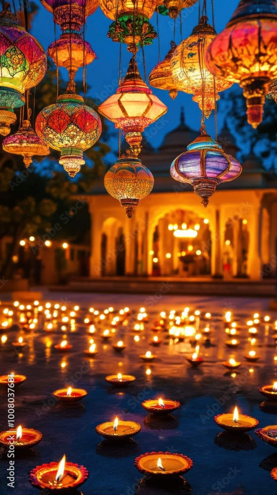 Obraz premium Bright, colorful lanterns hanging above a courtyard filled with glowing diyas, with a backdrop of a beautifully lit palace. Copy space, Indian traditional festival happy Diwali background