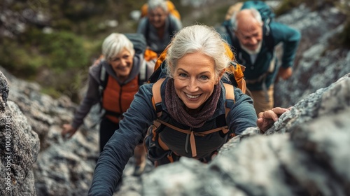 An active lifestyle group of seniors climbing rocks outdoors in nature with an instructor.