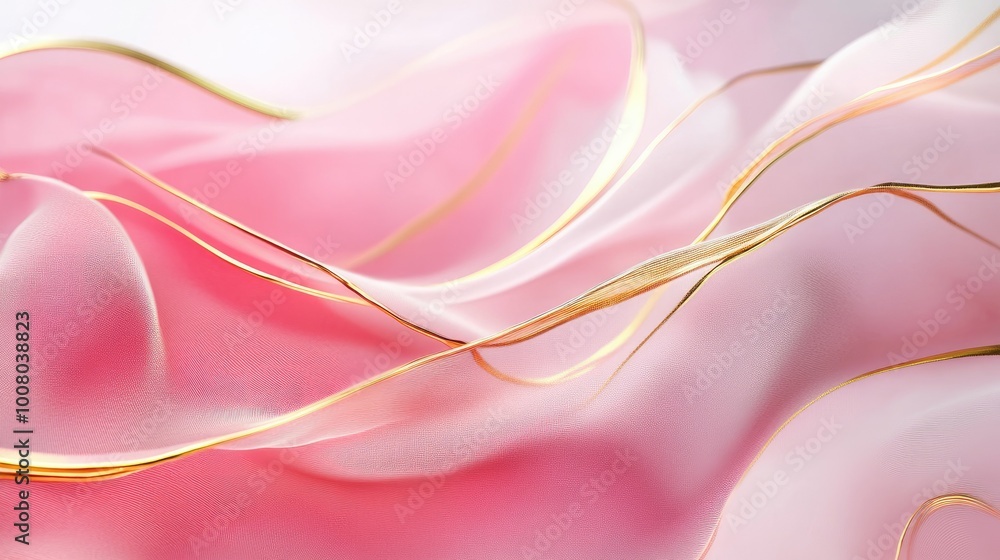 Fluid pink waves highlighted with delicate gold lines, forming a dimensional abstract shape. Fluid pink waves highlighted with delicate gold lines, forming a dimensional abstract shape.