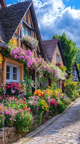 Charming village street adorned with vibrant flowers and picturesque cottages under a bright blue sky.