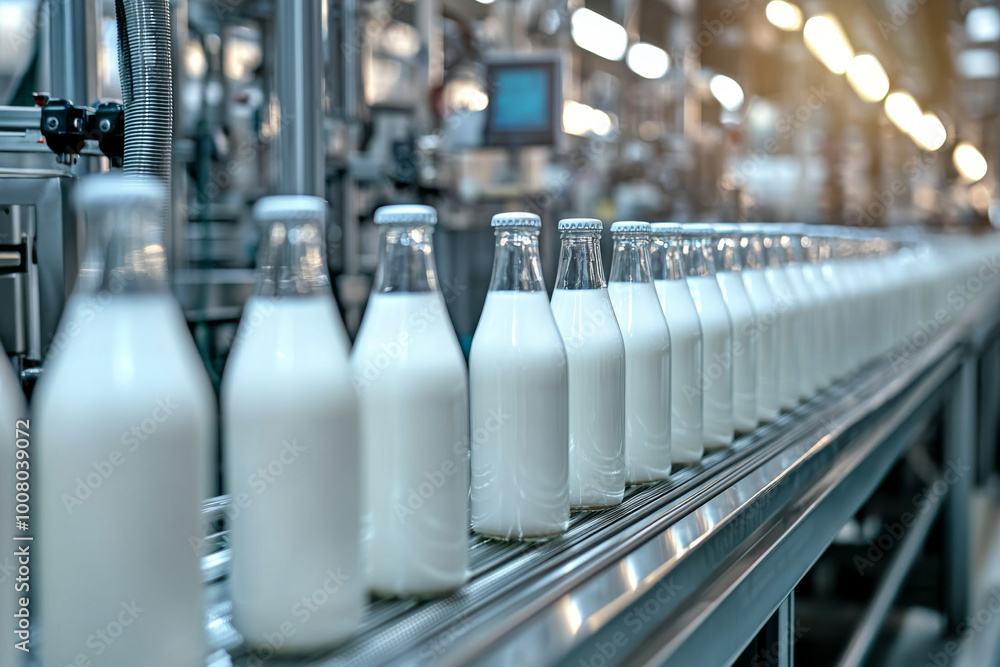 A production line of glass bottles filled with milk, showcasing an industrial setting focused on dairy processing. A production line of glass bottles filled with milk, showcasing an industrial setting focused on dairy processing.
