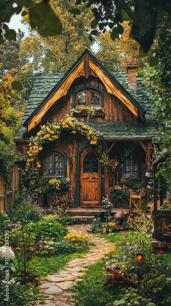 Charming wooden house surrounded by lush greenery and vibrant flowers, inviting nature and serenity. Charming wooden house surrounded by lush greenery and vibrant flowers, inviting nature and serenity.
