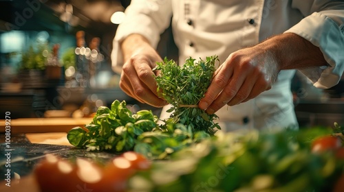 A chef working rapidly at the counter, tying up a bundle of herbs with string. The motion blur in the chef's hands suggests quick and skilled movements