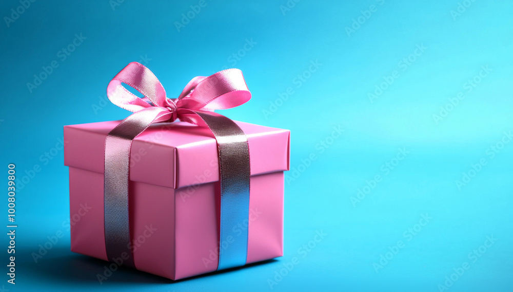 A pink gift box with a shiny ribbon sits against a vibrant blue background, symbolizing celebration and surprise. A pink gift box with a shiny ribbon sits against a vibrant blue background, symbolizing celebration and surprise.
