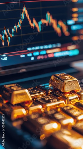 Close-up of gold bars on a laptop keyboard with a stock market graph in the background, symbolizing wealth and investment strategy.