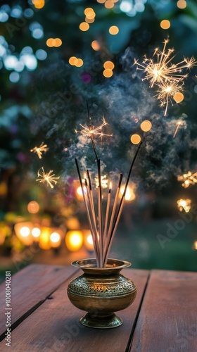 Decorative incense sticks in a brass holder on a wooden deck, with a background of sparklers and lanterns illuminating a garden. Copy space, happy Diwali background, traditional, Indian festiva photo