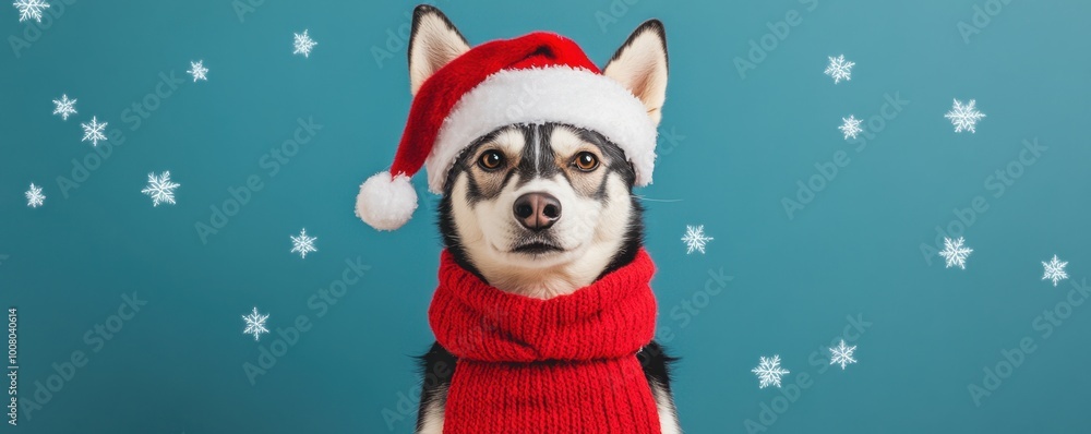 Adorable Husky in festive red sweater and Santa hat, surrounded by snowflakes. Perfect for holiday-themed projects, dog in christmas costume Adorable Husky in festive red sweater and Santa hat, surrounded by snowflakes. Perfect for holiday-themed projects, dog in christmas costume