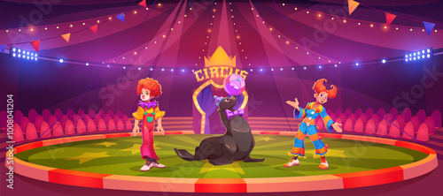 Circus arena with clowns and harbor seal with ball entertainment. Artist with trained animal on round scene with empty seats under classic cirque carnival red tent. Cartoon vector performance on stage
