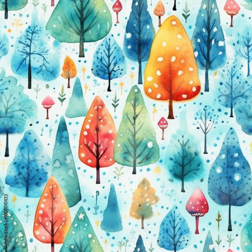 This beautiful design features a seamless pattern of stunning watercolor trees set against a clean white background, offering a serene and artistic view