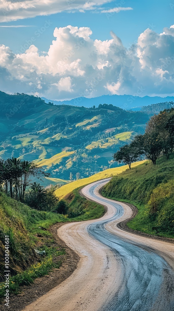 Curved road through lush green hills under a bright blue sky with fluffy clouds. Perfect for travel and landscape themes. Curved road through lush green hills under a bright blue sky with fluffy clouds. Perfect for travel and landscape themes.