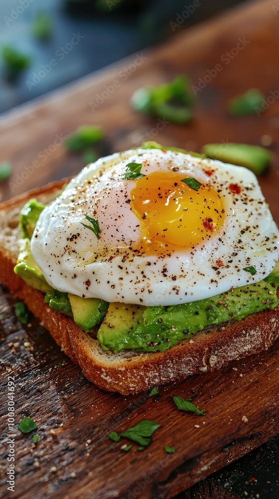 Delicious avocado toast topped with a perfectly poached egg, sprinkled with herbs, on a rustic wooden board. Delicious avocado toast topped with a perfectly poached egg, sprinkled with herbs, on a rustic wooden board.