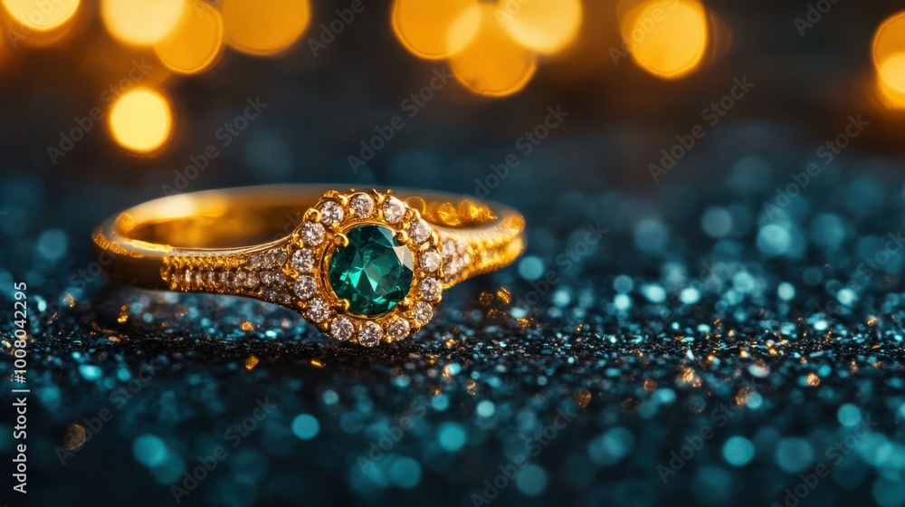 Exquisite gold and emerald ring, on dark teal background with shimmering particles, with festive bokeh lights in background, Copy space, happy Diwali background, traditional, Indian festival Exquisite gold and emerald ring, on dark teal background with shimmering particles, with festive bokeh lights in background, Copy space, happy Diwali background, traditional, Indian festival