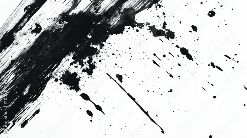 Isolated black ink splashes and brushstrokes on a white surface, chaotic and textured Isolated black ink splashes and brushstrokes on a white surface, chaotic and textured