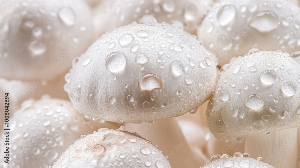 Isolated close-up of white mushrooms with water droplets, highlighting texture and freshness Isolated close-up of white mushrooms with water droplets, highlighting texture and freshness
