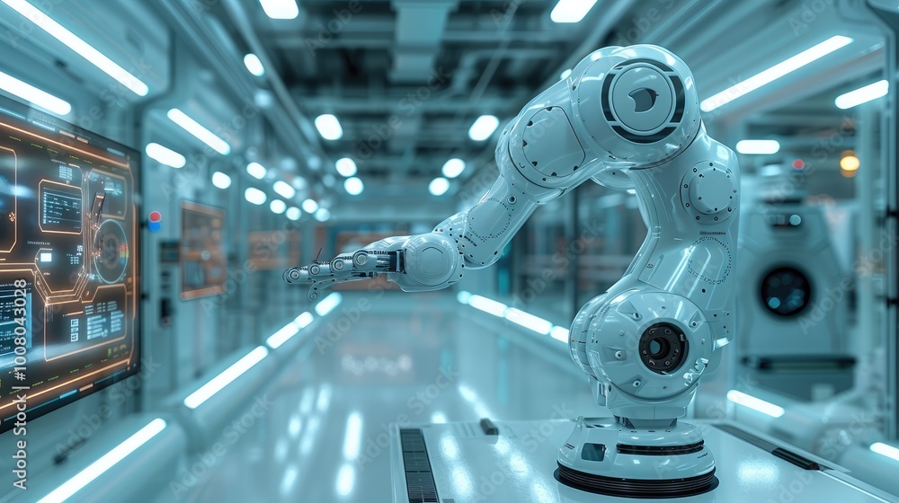 Fototapeta premium A sleek, modern industrial environment showing a futuristic factory floor with advanced robotic arms and AI-driven interfaces displayed on transparent screens.