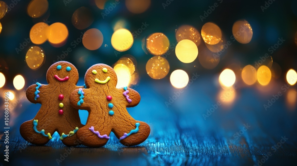 Gingerbread men cookies with colorful icing, sitting on a wooden table with a deep navy background and glowing Christmas bokeh, copy space, Merry Christmas background, festive cookie display