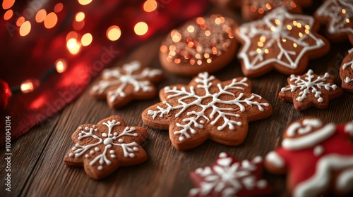 Gingerbread cookies with icing, arranged on a wooden table with a deep crimson background and glowing Christmas lights, copy space, Merry Christmas background, festive food display