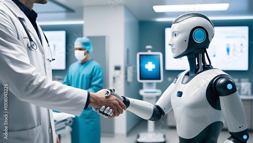 Human Doctor Shaking Hands with Robot in Modern Healthcare Setting. Generative AI