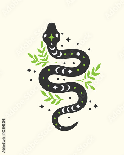 Mystical black snake silhouette with Floral illustration