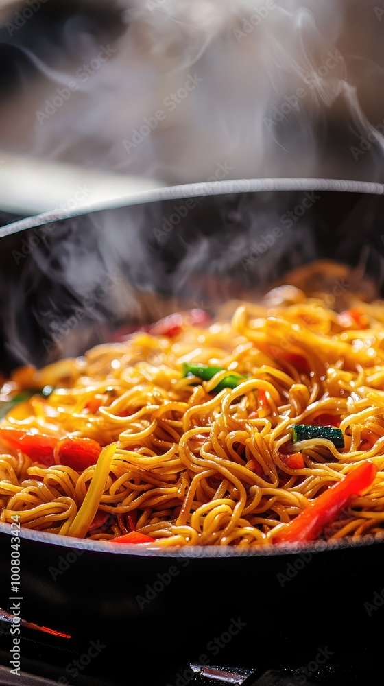 Delicious steaming noodles stir-fried with colorful vegetables in a vibrant pan, perfect for culinary delights and food photography. Delicious steaming noodles stir-fried with colorful vegetables in a vibrant pan, perfect for culinary delights and food photography.