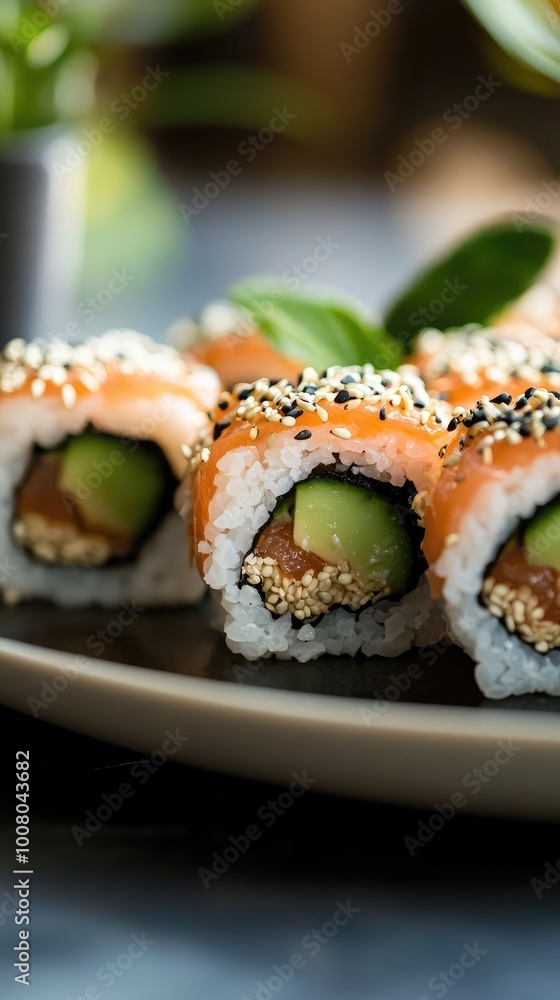 Delicious sushi rolls with salmon, avocado, and sesame seeds, beautifully presented on a rustic plate. Delicious sushi rolls with salmon, avocado, and sesame seeds, beautifully presented on a rustic plate.
