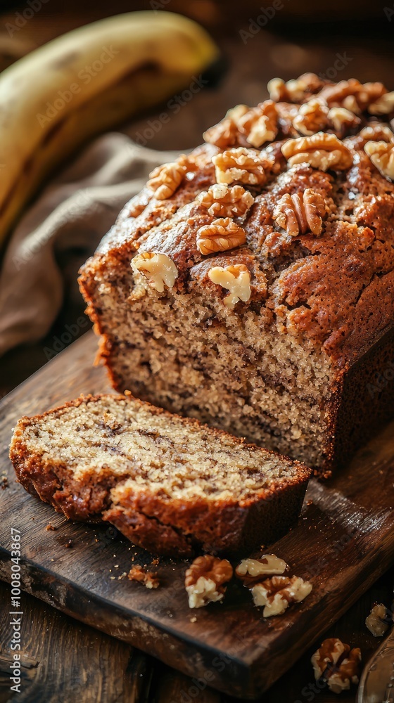 Deliciously moist banana bread topped with crunchy walnuts, perfect for breakfast or a sweet treat any time of day. Deliciously moist banana bread topped with crunchy walnuts, perfect for breakfast or a sweet treat any time of day.