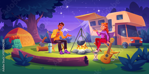 Young couple sitting near campfire and talking during outside camping with camper van in forest at night. Cartoon vector man and woman in campsite with motorhome and tent, cooking on fire and guitar.