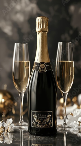 Elegant champagne bottle with two flutes, perfect for celebrations, toasting moments, and special occasions. photo