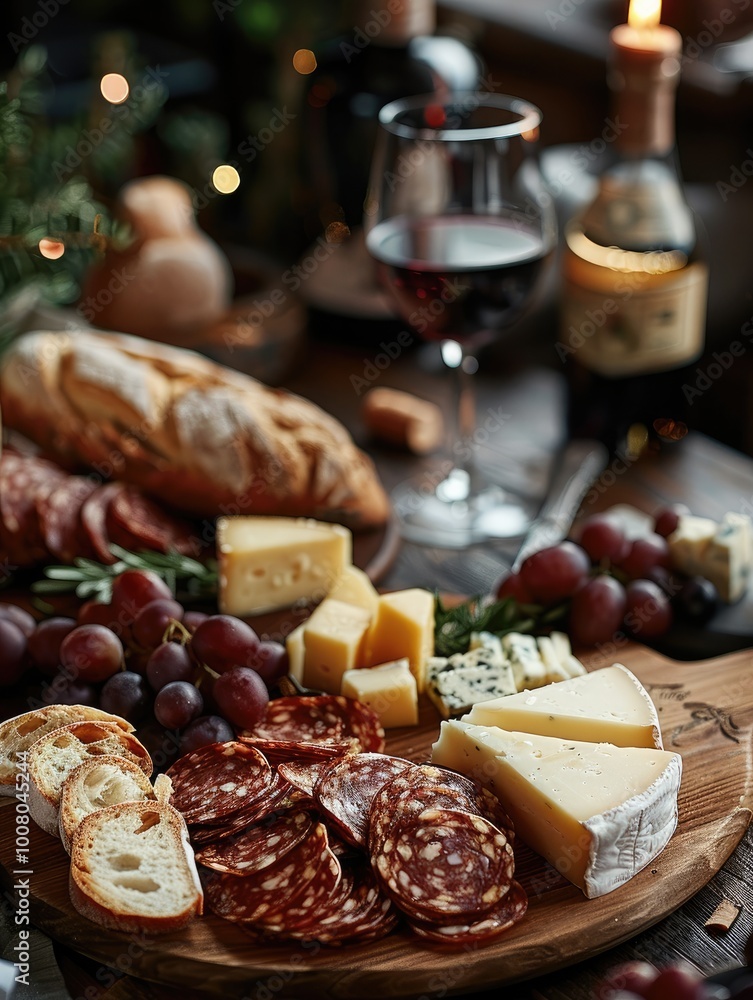 A rustic wooden table elegantly set with a gourmet spread of cheeses, freshly baked bread, and deep-red wine swirls in a crystal glass. A rustic wooden table elegantly set with a gourmet spread of cheeses, freshly baked bread, and deep-red wine swirls in a crystal glass.