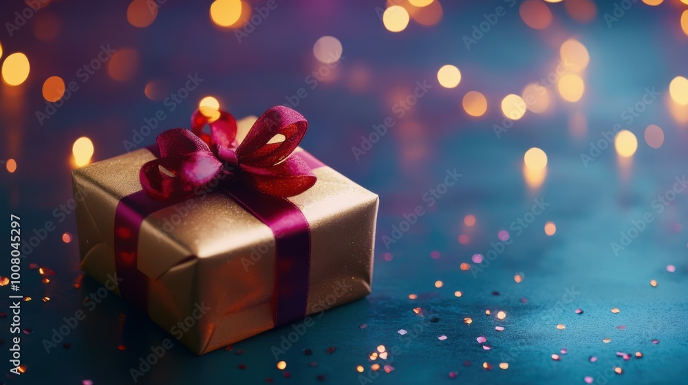 Golden wrapped gift box tied with a crimson ribbon, set on a mint table with a deep purple background and glittering holiday lights, copy space, Merry Christmas background, festive gift ad Golden wrapped gift box tied with a crimson ribbon, set on a mint table with a deep purple background and glittering holiday lights, copy space, Merry Christmas background, festive gift ad