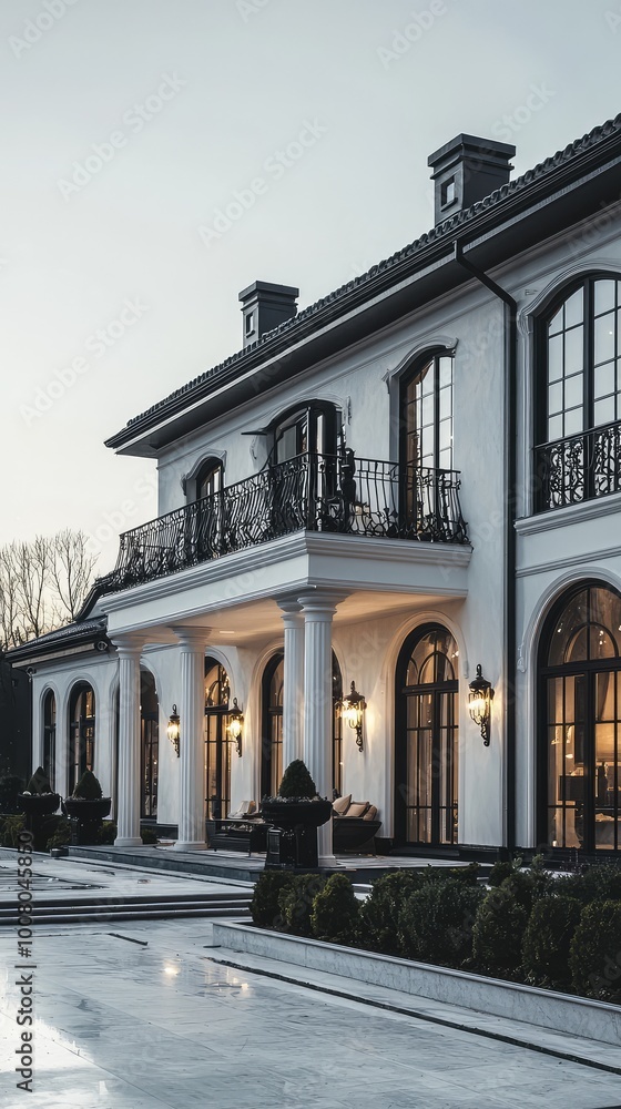 Obraz premium Elegant modern mansion with a beautiful facade and intricate balcony details, perfect for luxury real estate imagery.