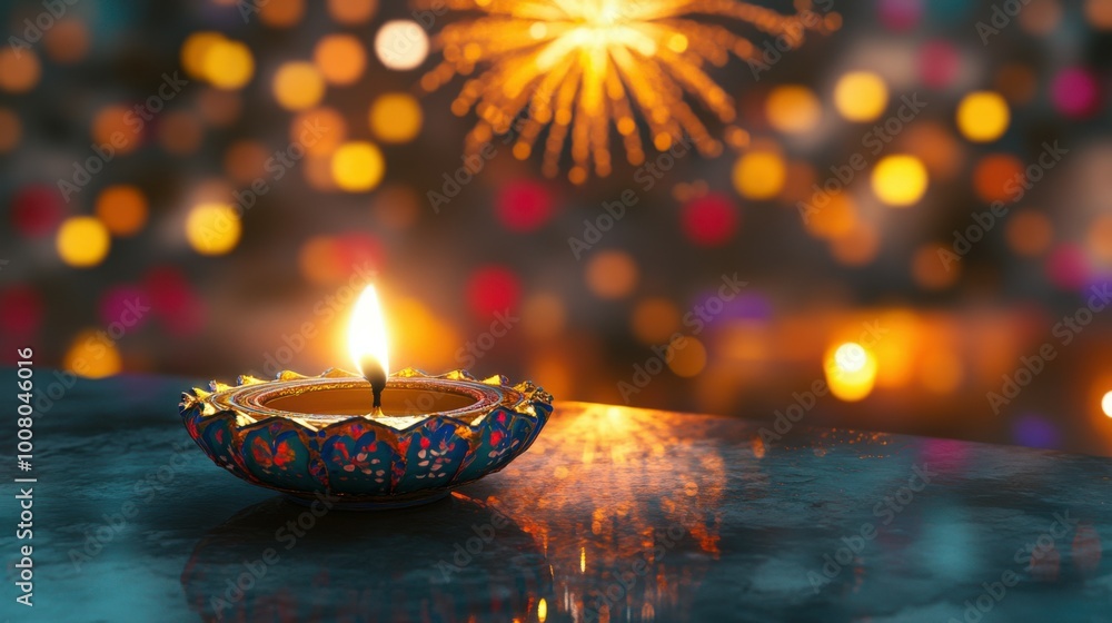 Hand-painted diya placed on a sleek marble table, with a background of vibrant Diwali decorations and glowing fireworks in the distance. Copy space, happy Diwali background, traditional, Indian Hand-painted diya placed on a sleek marble table, with a background of vibrant Diwali decorations and glowing fireworks in the distance. Copy space, happy Diwali background, traditional, Indian