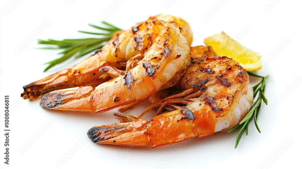 Perfectly grilled shrimp with a golden crust, placed on a white background for a clean, appetizing look. Perfectly grilled shrimp with a golden crust, placed on a white background for a clean, appetizing look.