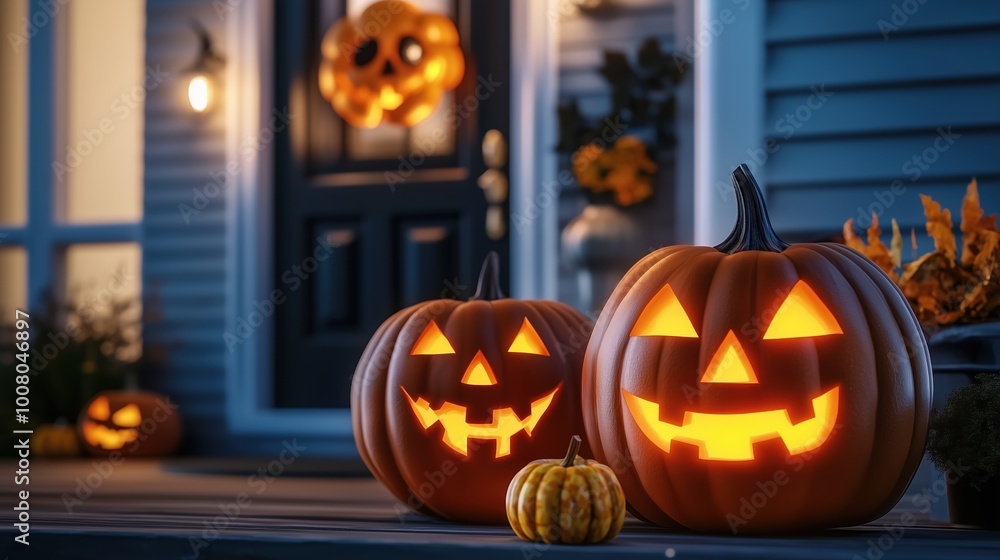 Carved Halloween pumpkins with glowing faces placed on the front porch at night, accompanied by flickering candles near a house in the soft evening light. The scene captures the spooky and festive spi Carved Halloween pumpkins with glowing faces placed on the front porch at night, accompanied by flickering candles near a house in the soft evening light. The scene captures the spooky and festive spi