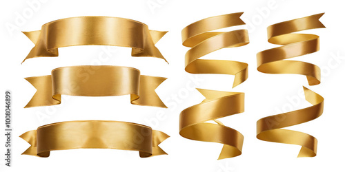 Golden decorative ribbons in various styles isolated on transparent background