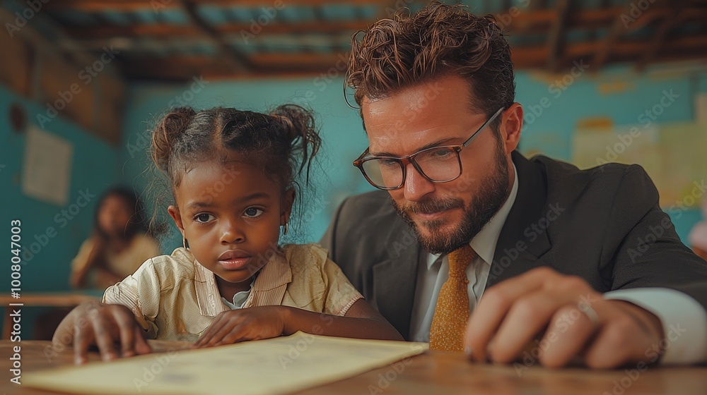 Naklejka premium A dedicated mentor guides a young girl through her reading activities in a vibrant classroom setting during the afternoon