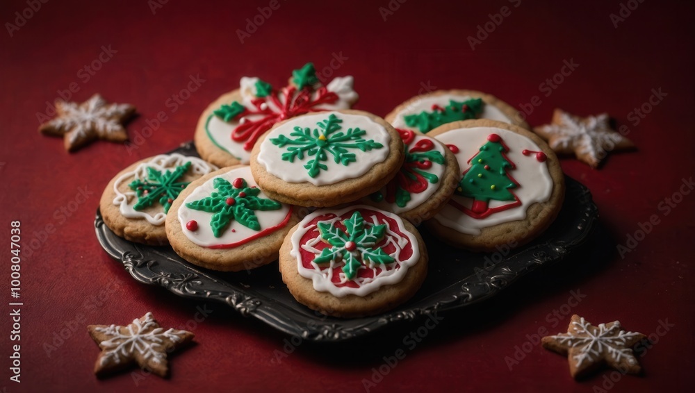 Round Christmas cookies with snowflakes, holly, and festive patterns on black plate Round Christmas cookies with snowflakes, holly, and festive patterns on black plate