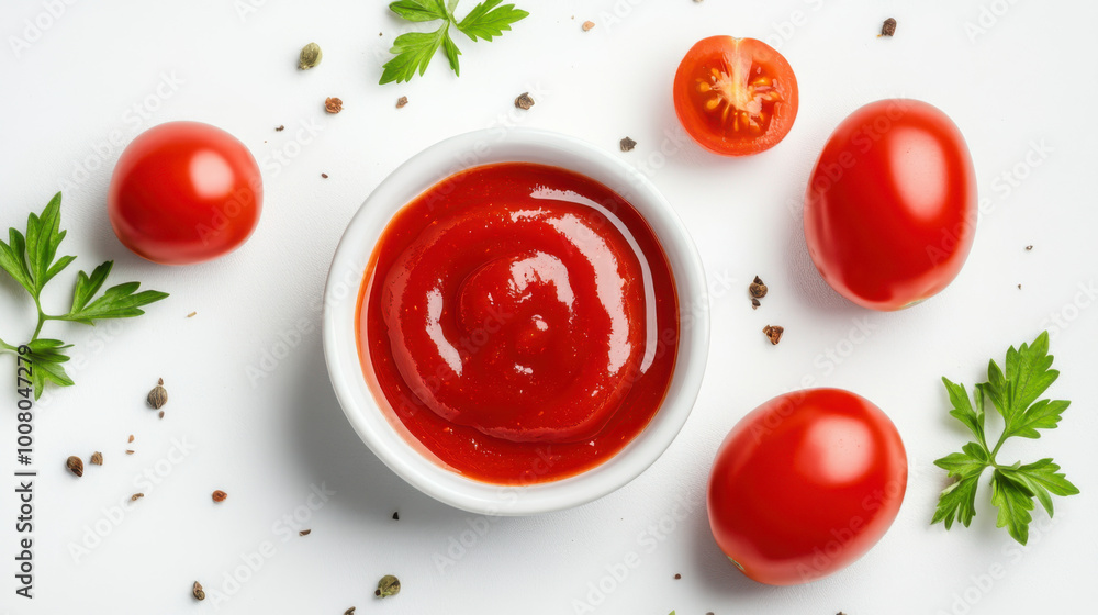 Delicious tomato sauce garnished with fresh basil, tomatoes spread on a white backdrop, top view, flat lay, ideal for Italian recipe presentations Delicious tomato sauce garnished with fresh basil, tomatoes spread on a white backdrop, top view, flat lay, ideal for Italian recipe presentations