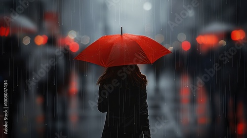 Wallpaper Mural Rear view. A woman standing alone, seemingly isolated in a blurred crowd, highlighting the stark contrast between her solitude and the busy surroundings. The only color present is a red umbrella. Torontodigital.ca