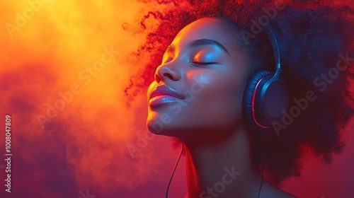 A woman enjoying music with headphones, immersed in vibrant colors. photo