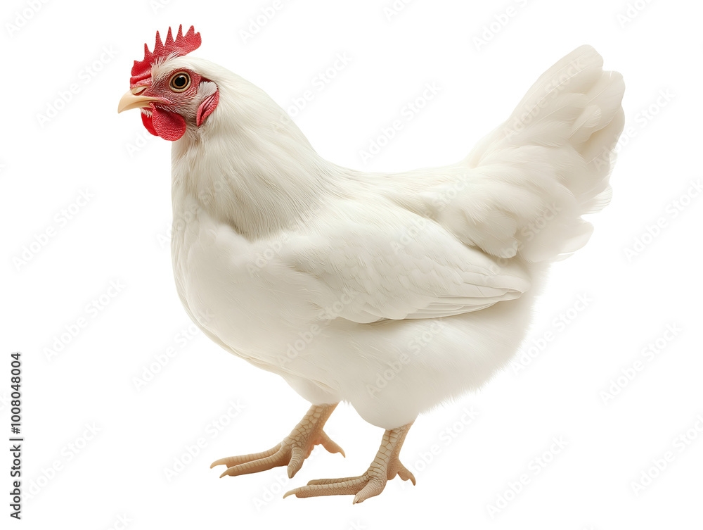 Fototapeta premium full-body white chicken side profile clear details of feathers and comb on isolated background, white hen standing, domestic farm animal stock photo, detailed chicken illustration, livestock photograp